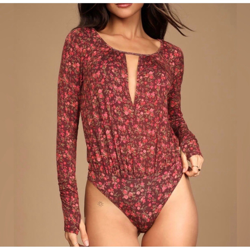 Free People Bodysuit Sz Small Kaya Print Cutout Plunge Neckline Chocolate Combo
